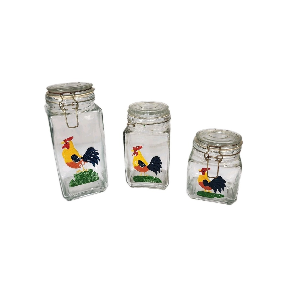 Vintage Hand Painted Rooster Canisters Clear Glass Wire Bale Lid 3pc See Descrip